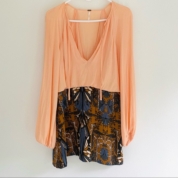 Free People Dresses & Skirts - Free People Peach & Brown 70s Longsleeve Dress